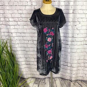 Chelsea & Theodore Womens Shift Floral Dress Embroidered‎ Velvet Gray Pink Small